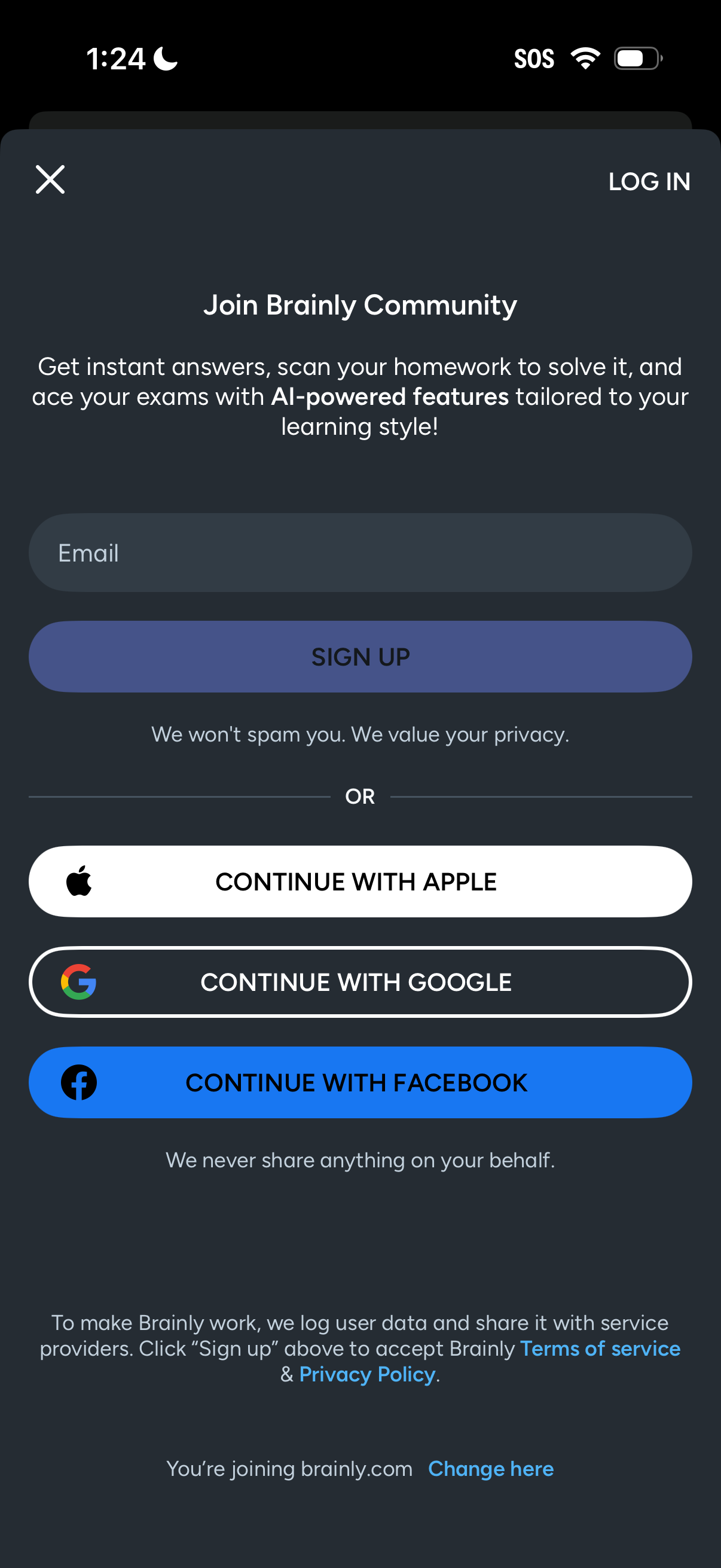 brainly login screenshot